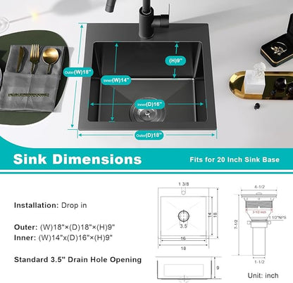 18x18 Inch Drop in Kitchen Sink, TSIBOMU 18 Inch 304 Stainless Steel Handmade Kitchen Sink,Single Faucet Hole Single Bowl Topmount Kitchen Bar Sink,Black