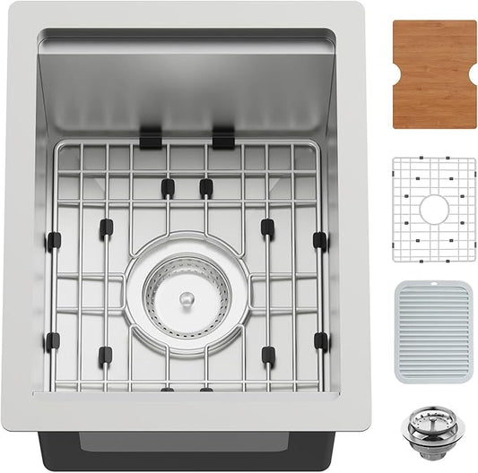12x15In Kitchen And Bar Workstation Sink- Small Stainless Steel Undermount Single Bowl Bar Sink Built-in Ledge Drop In Workstation Sink With Accessory-SS Grid Cutting Board,Silicon Mat,Drain Assembly