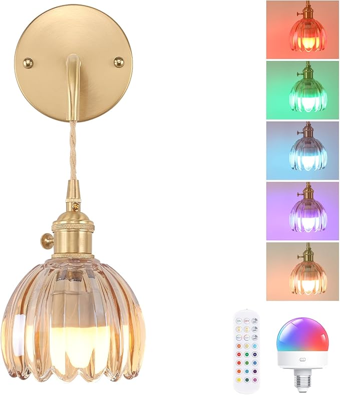 Shenmoyl Battery Operated Wall Sconce with Amber Tulip Shade Pattern Glass Adjustable Chain Retro Gold Wall Mounted Light, Modern Wall Lamp Fixtures Decor for Bedside Bedroom Indoor Doorway