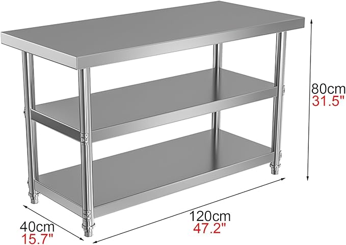 Thickened Stainless Steel Workbench Open Shelf Three Tier Prep Table Commercial Kitchen Metal Table Baking Table(47.2 * 15.7 * 31.5in)