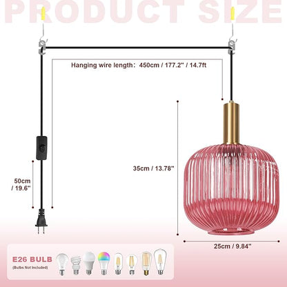Pink Plug in Pendant Light, 9.8" Mid-Century Modern Ribbed Glass Hanging Lamp with 15ft Cord & On/Off Switch, Hand-blown Striped Glass Pendant Lighting for Bedroom, Kitchen Island, Dining Room