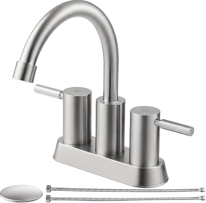 IKEBANA Brushed Nickel Bathroom Faucet, 2 Handle Bathroom Sink Faucets Centerset, 360° Swivel High-Arc Spout Modern 4 inch Bath Faucet Lead-Free for Vanity Lavatory with Pop-up Drain & Water Hoses