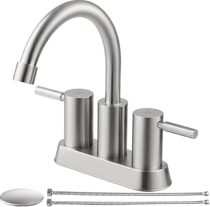 IKEBANA Brushed Nickel Bathroom Faucet, 2 Handle Bathroom Sink Faucets Centerset, 360° Swivel High-Arc Spout Modern 4 inch Bath Faucet Lead-Free for Vanity Lavatory with Pop-up Drain & Water Hoses
