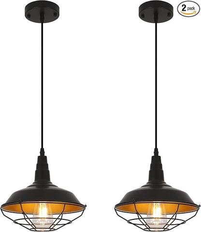 Farmhouse Pendant Light 2 Pack, 10.2" Black Pendant Lights Kitchen Island, Industrial Vintage Light Fixtures Metal Wire Cage Pendant Lighting, Island Lights for Kitchen Dining Room