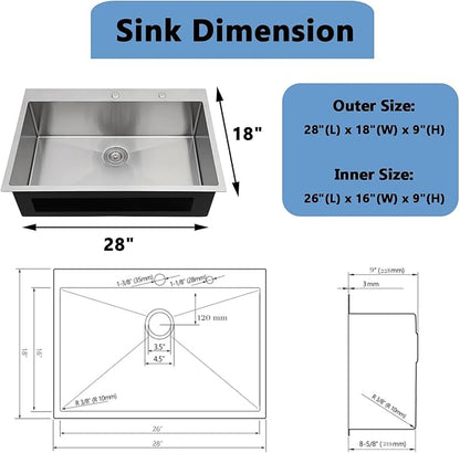 VAPSINT 28 Inch Drop in Kitchen Sink, 28x18 Inch Top Mount 16 Gauge Commercial T304 Stainless Steel Sink for Kitchen, 9 Inch Deep Handmade Single Bowl Basin Laundry Utility Wet Prep Sink, Fregadero
