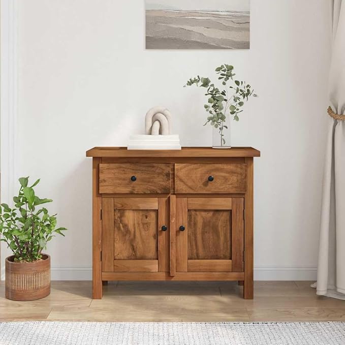 Brown Solid Mahogany Wood Sideboard, Distressed Finish, 29.5" Living Room Buffet Cabinet with Storage, Elegant Brass Handles, Indoor Furniture Kitchen Furnitur