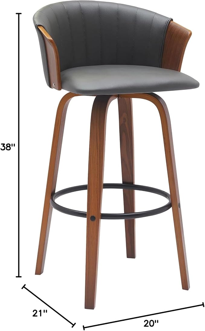 Armen Living Diana 30" Seat Height Mid Century Modern Swivel Walnut Wood Bar Stool for Kitchen Island Counter in Gray Faux Leather
