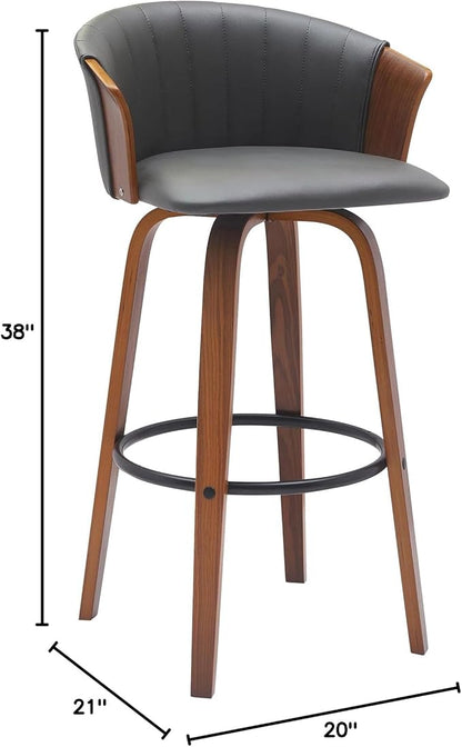 Armen Living Diana 30" Seat Height Mid Century Modern Swivel Walnut Wood Bar Stool for Kitchen Island Counter in Gray Faux Leather