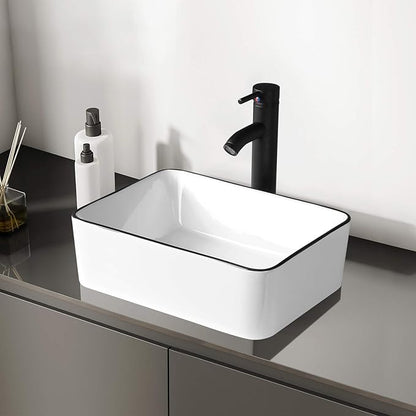 Modern 16" x 12" Rectangle Vessel Sink with Faucet, White Porcelain Above-Counter Bathroom Basin with Black Edge, Stylish Vanity Countertop Sink for Powder Room & Small Spaces