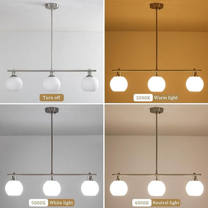 Modern Kitchen Island Lighting 3 Light Brushed Nickel Chandelier With Milk Glass Shades Farmhouse Linear Chandeliers for Dining Room Light Fixtures Over Table Hanging Pendant Lights for Living Room
