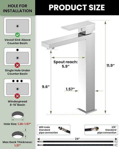 gotonovo Vessel Sink Faucet Single Handle Tall Bathroom Faucet One Hole Modern Lavatory Vanity Basin Mixer Tap Matching Supply Hoses and Pop up Drain Without Overflow, Polish Chrome