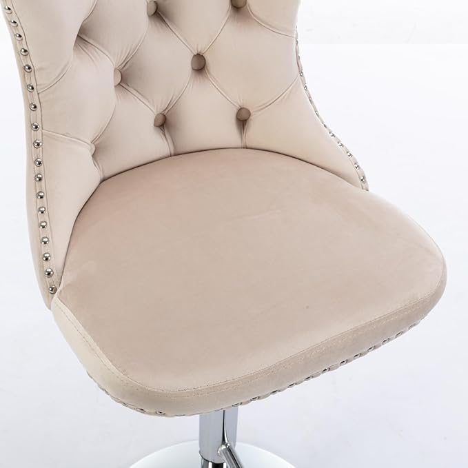 Rhomtree Velvet Swivel Bar Stools Upholstered Bar Stool with Button Tufted Back and Pull Ring Height Adjustable Barstools 25-33 Inch for Home Pub and Kitchen Island (Beige with Silver Base, Set of 2)