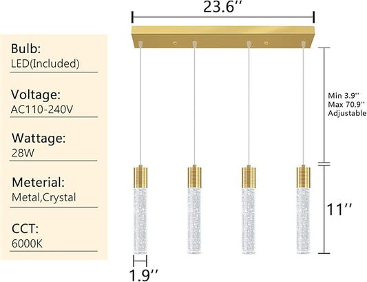 4-Lights Modern Crystal Chandeliers for Kitchen Island Mini Pendants Lighting Fixture LED Ceiling Light for Dining Room Living Room 6000K