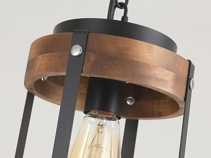 2 Pack Rustic Farmhouse Plug in Pendant Light Fixture with Adjustable Chain, Dimmable Switch, Oak Wood and Metal Drum Cage Mini Hanging Lamp for Kitchen Island Living Room Hallway Farmhouse, Black