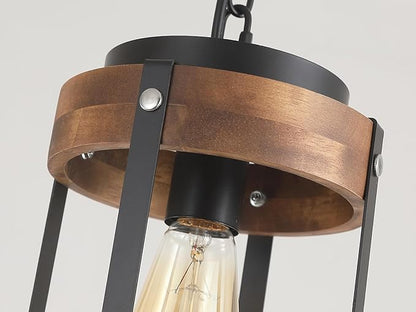 2 Pack Rustic Farmhouse Plug in Pendant Light Fixture with Adjustable Chain, Dimmable Switch, Oak Wood and Metal Drum Cage Mini Hanging Lamp for Kitchen Island Living Room Hallway Farmhouse, Black