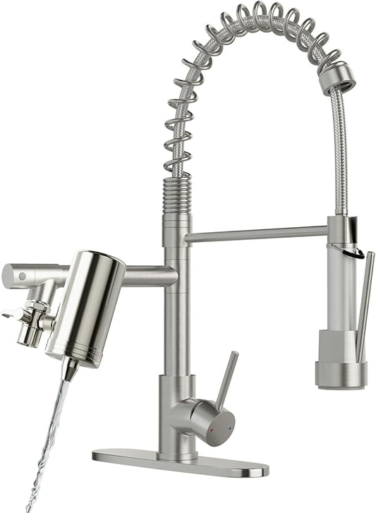 AIMADI Kitchen Faucet with Water Filter and Pull Down Sprayer, Brushed Nickel Stainless Steel Single Handle Kitchen Sink Faucet for Drinking Water, Farmhouse, RV, Utility or Laundry Sink