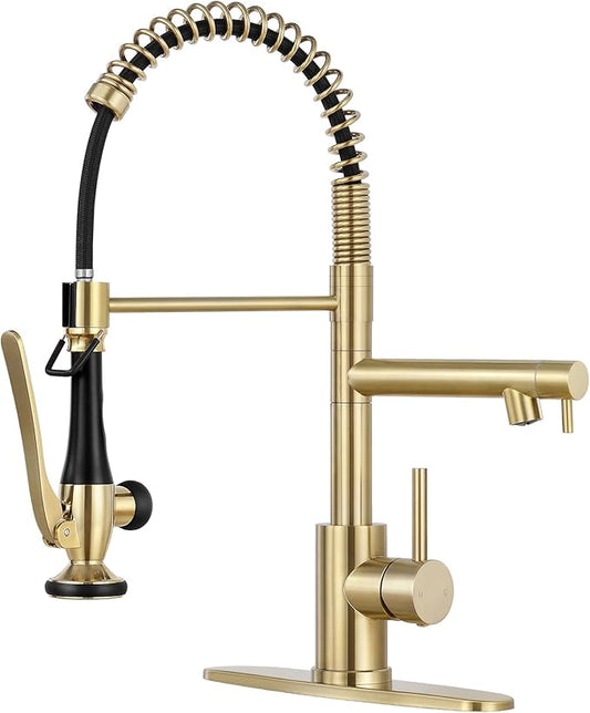 Kitchen Faucets with Pull Down Sprayer Single Handle,Commercial Style Double-Headed Faucet 1/3 Hole with Deck Plate,Brush Gold