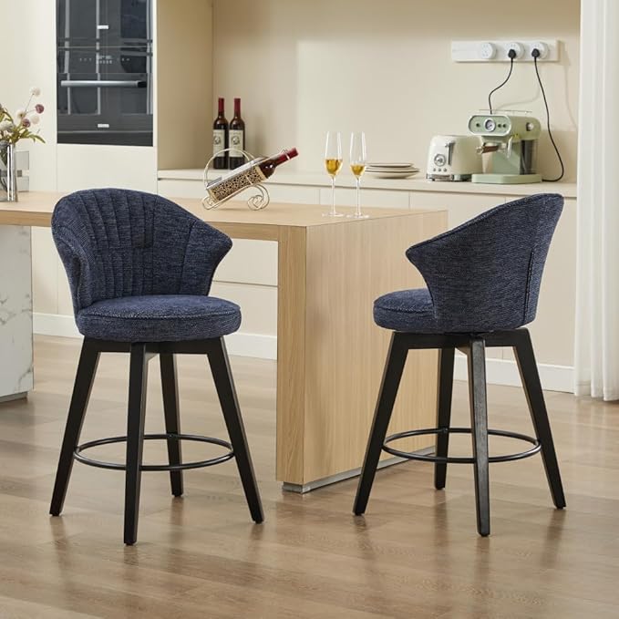 Set of 2 Counter Height Swivel Bar Stools, Chenille Upholstered Chairs with Wide Backrest for Bar, Kitchen Island, Dining Room, Dark Grey (Blue + Chenille + Foam)