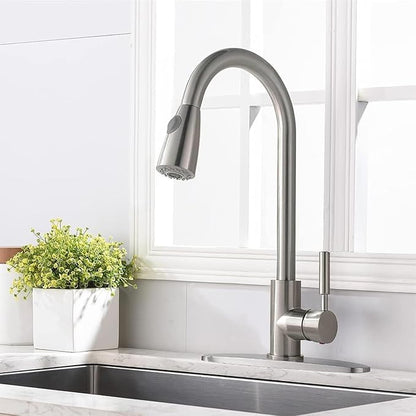 Comllen Kitchen Faucet with Pull Down Sprayers, Brushed Nickel Kitchen Faucets, Modern Pull Out Stainless Steel Kitchen Sink Faucet Single Handle Faucet Swivel Spout with Deck Plate