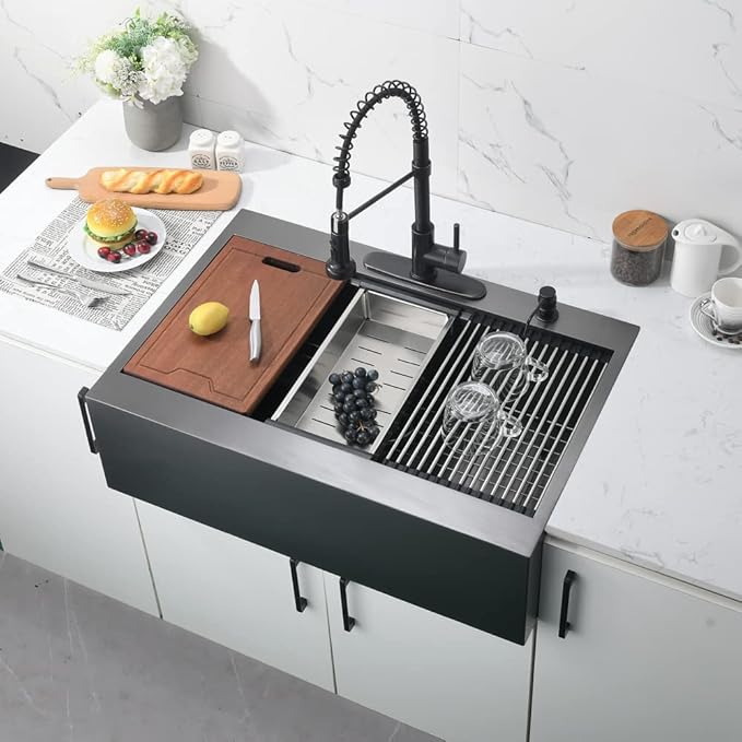 30 Inch Black Drop In Farmhouse Sink Workstation-Bokaiya 30 x 22 Black Stainless Steel Farmhouse Sink Top Mount Ledge Workstation 16 Gauge Single Bowl Drop In Kitchen Sink with Cutting Board