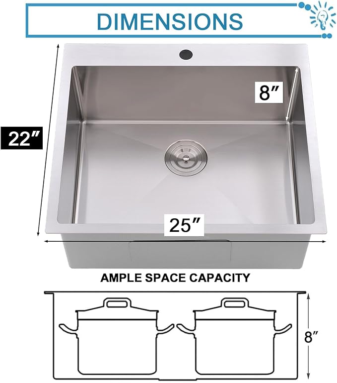 VAPSINT 25x22 Inch Drop In Kitchen Sink, 25 Inch Top Mount 16 Gauge Stainless Steel Single Bowl Deep Small Kitchen Sink, RV Laundry Utility Sinks with Basket Strainer