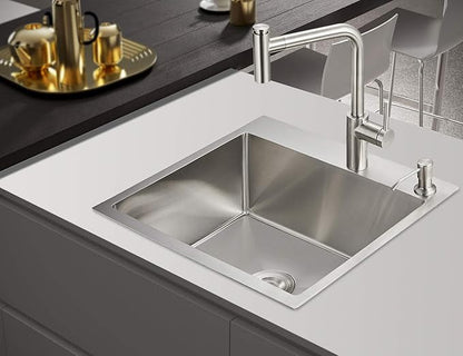 ROVOGO 21.7"x17.7"x8.7" Kitchen Sink Drop-in, 304 Stainless Steel Single Bowl 2-Hole, Top Mount Handmade Bar Prep Sink with Drain Assembly, Brushed