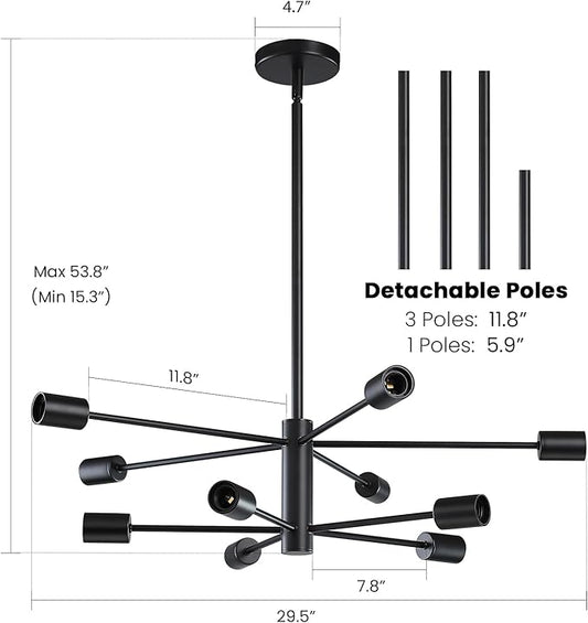 RUIYEY Modern Sputnik Chandeliers Light, 10-Light Black Chandeliers for Dining Room, E26 Height Adjustable Chandelier Ceiling Lighting Fixture for Farmhouse Kitchen Island Living Room Foyer