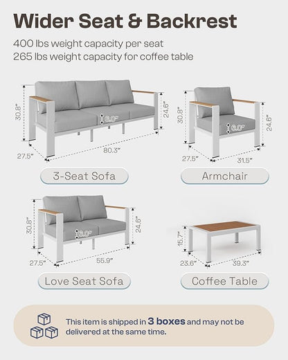 Aluminum Outdoor Patio Furniture Set with Coffee Table, 4 Piece Patio Conversation Sets with Washable Thick Cushions, Patio Sectional Furniture Set for Porch, Balcony, Deck, Yard, White