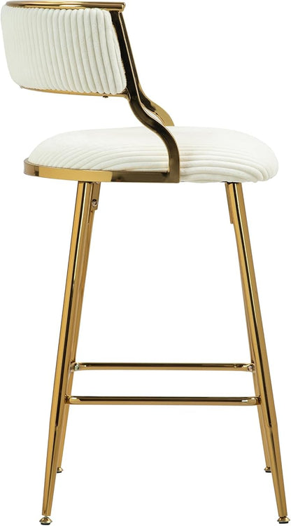 2-Pack Beige Corduroy Counter Height Bar Stools with Back, Golden Chrome Base and Footrest, Modern Kitchen Island Stools Set of 2, Upholstered Dining Stools for Home, Office, Cafe