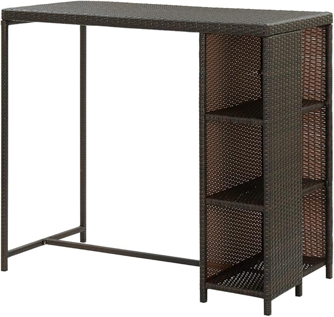 Bar Table Rectangular Brown with Storage Steel Frame Rattan Shelves 47.2 x 23.6 x 43.3 in Counter Height Modern Furniture for Kitchen Bar Outdoor Patio