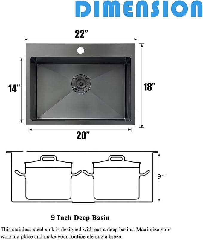 KINGO HOME 22x18 Inch Black Kitchen Sink,Drop In 16 Gauge RV Small Kitchen Bar Sinks,Stainless Steel Topmount Outdoor Prep Single Bowl Workstation Wet Bar Sink with Stainless Steel Strainer