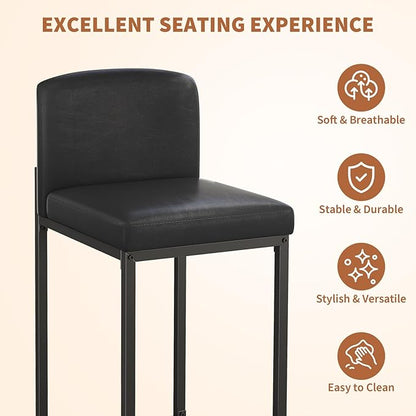GarveeHome Bar Stools Set of 2, Modern Counter Height Bar Stools with Back and Footrest, Faux Leather Upholstered Barstools Chairs for Kitchen Island Dining Room Bar, Black