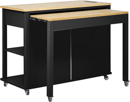 Modern Dining Table Kitchen Island with Extendable Table, Rubber Wood Veneer Dining Table with Rack, Power Outlet, Wood Design for Kitchen Living Room,Black-MDF