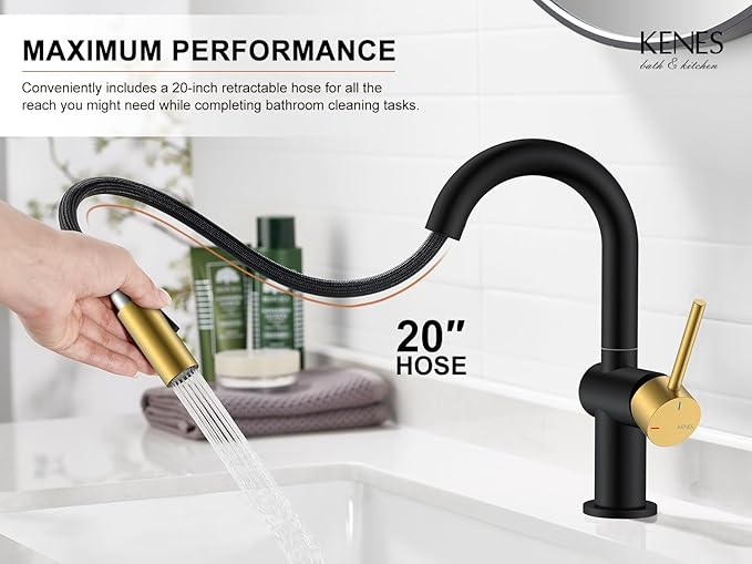 KENES Black and Gold Pull Down Bathroom Faucet 1 Hole, Single Handle Bathroom Sink Faucet with Pull Out Sprayer, Vanity Faucet with Pop Up Drain & Deck Plate, KE-9065B-BG