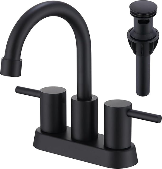 Matte Black Bathroom Faucet 2 or 3 Hole, 2 Handle 4 Inch Centerset Stainless Steel Bathroom Sink Faucet with Pop up Drain and Supply Lines, Black Faucet for Bathroom, Restroom, Vanity, Rv