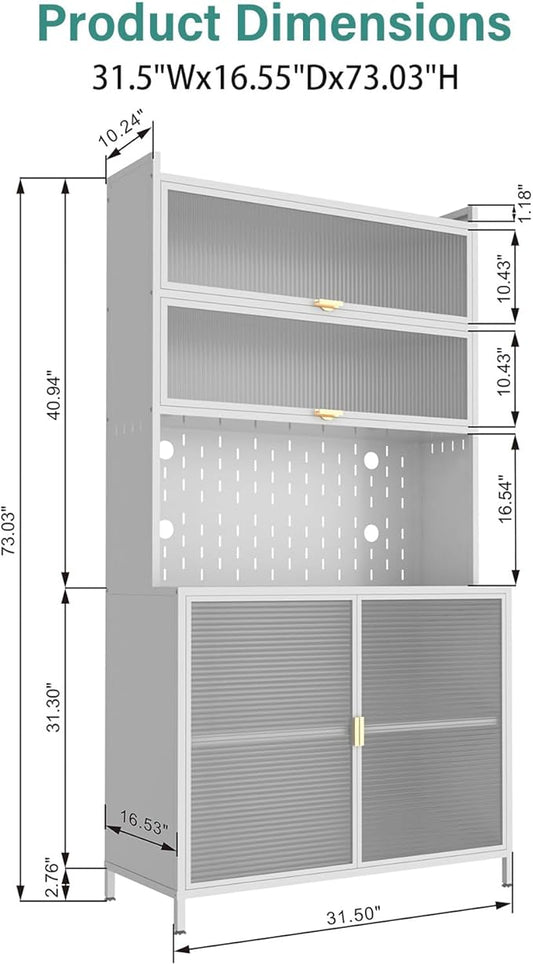 73‘’ Tall Kitchen Metal Pantry Cabinet, Pantry Storage Cabinet with Microwave Shelf and Door, Hutch for Kitchen, Dining Room, Living Room