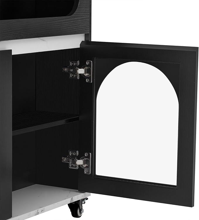 Extendable Dining Table with Storage Sideboard, Rolling Kitchen Island with Drawers, Shelves and Power Outlet, Bar Table for Kitchen, Dining Room, Home Bar, Black + Marble White