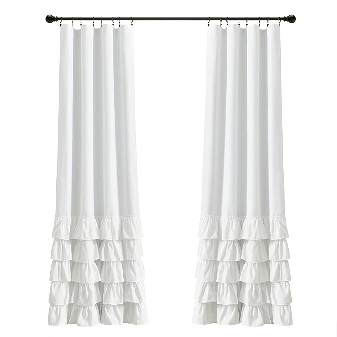 Lush Decor Allison Ruffle 100% Blackout Window Curtain Single 40" W x 84" L White - White Blackout Curtains for Bedroom or Nursery - Coquette Curtains