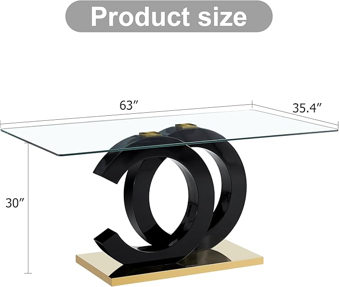 Ebullient 63" Modern Glass Dining Table for 6, Black OC-Shape Pedestal & Gold Base, Rectangular Tempered Glass Kitchen Table for Dining Room