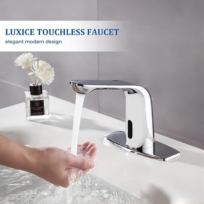 Chrome Touchless Bathroom Sink Faucet - Automatic Motion Sensor Battery Opertated for Commercial Lavatory Bathroom