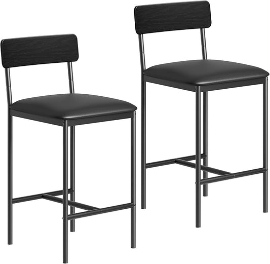 TrailBlaze Bar Stools Set of 2, 25.5'' Counter Height Upholstered Chairs with Backrest & Footrest, Modern PU Leather Barstools - Kitchen Island, Dining Room, Breakfast Bar - Easy Assembly - Black