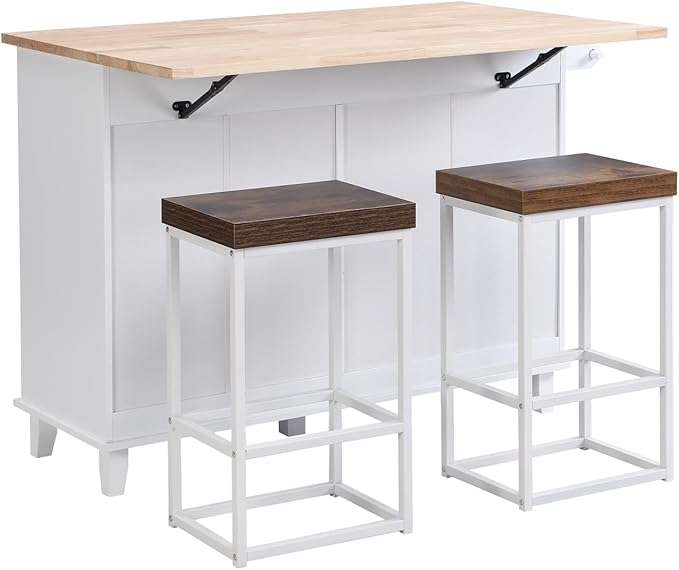 Farmhouse Kitchen Island Set with Drop Leaf and 2 Seatings Solid Wood White Design Dining Room, Versatile