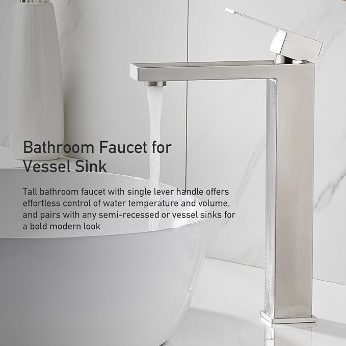 AVSIILE Vessel Sink Faucet, Brushed Nickel 1 Hole Single Handle Tall Bathroom Vanity Faucets, Modern Utility Rv Laundry Bath Restroom Mixer Tap with Metal Pop Up Drain and 2 Water Supply Lines