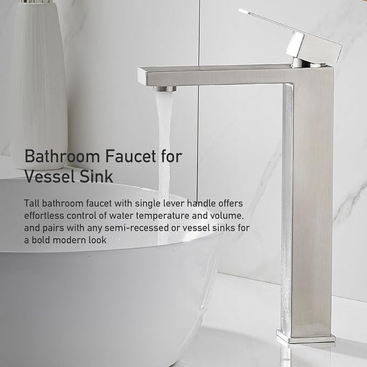 AVSIILE Vessel Sink Faucet, Brushed Nickel 1 Hole Single Handle Tall Bathroom Vanity Faucets, Modern Utility Rv Laundry Bath Restroom Mixer Tap with Metal Pop Up Drain and 2 Water Supply Lines