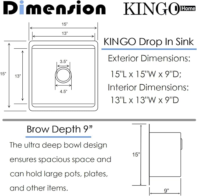 KINGO HOME 15x15 Inch Stainless Steel Small Undermount Bar Sink, Prep Sink Workstation Drop In RV Sinks 16 Gauge Ledge Kitchen Single Bowl Wet Bar with Accessories