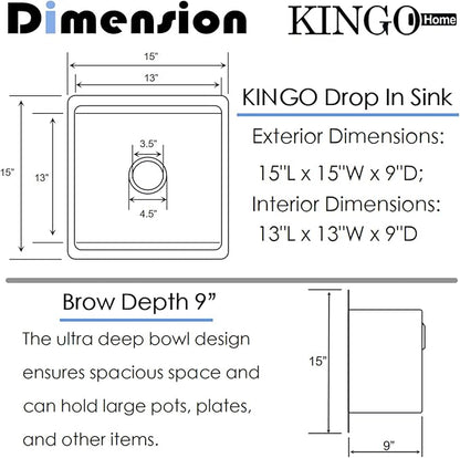 KINGO HOME 15x15 Inch Stainless Steel Small Undermount Bar Sink, Prep Sink Workstation Drop In RV Sinks 16 Gauge Ledge Kitchen Single Bowl Wet Bar with Accessories