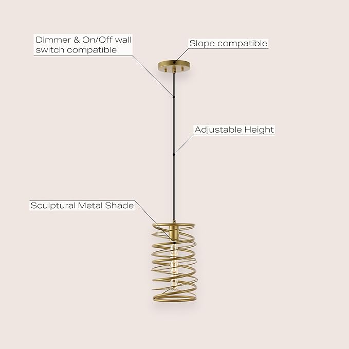 JONATHAN Y 7.25" Gold 1-Light Modern Iron Spiral LED Pendant Light for Kitchen Island, Glam Hanging Ceiling Fixture for Bedroom Dining Room, Metal Painting Shade, LED Bulb Included JYL7910A