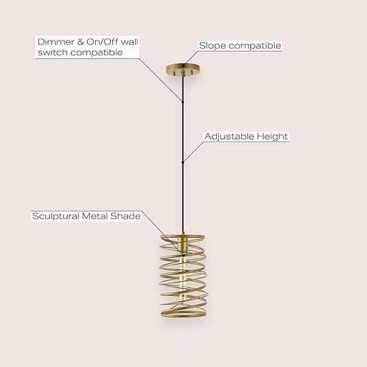 JONATHAN Y 7.25" Gold 1-Light Modern Iron Spiral LED Pendant Light for Kitchen Island, Glam Hanging Ceiling Fixture for Bedroom Dining Room, Metal Painting Shade, LED Bulb Included JYL7910A