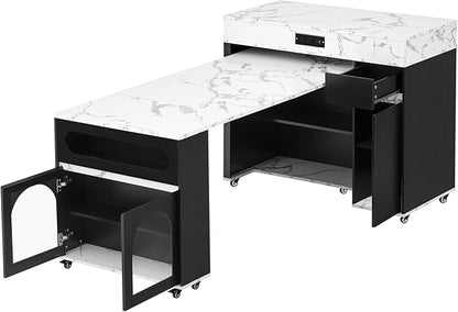 GDFStudio TREXM 73.8" Extendable Dining Table with Extra-Long Folding Top, Rolling Kitchen Island with Power Outlet, Drawers and Brake Lock, Black & Marble White Storage Cabinet