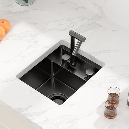 Sarlai Undermount Bar Sink, 13x15 Inch Undermount Outdoor Sink Workstation with Foldable Faucet Bar Prep Single Bowl Gunmetal Black 16 Gauge Stainless Steel Sinks with Cover BBQ Sinks Outside